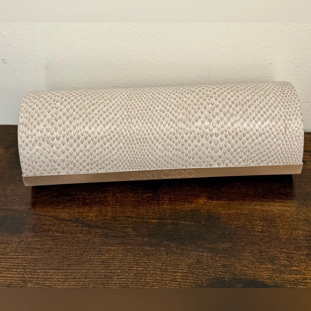 Authentic Jimmy Choo Cream Snake Magnetic Eyeglass Case New Cloth Gold Trim